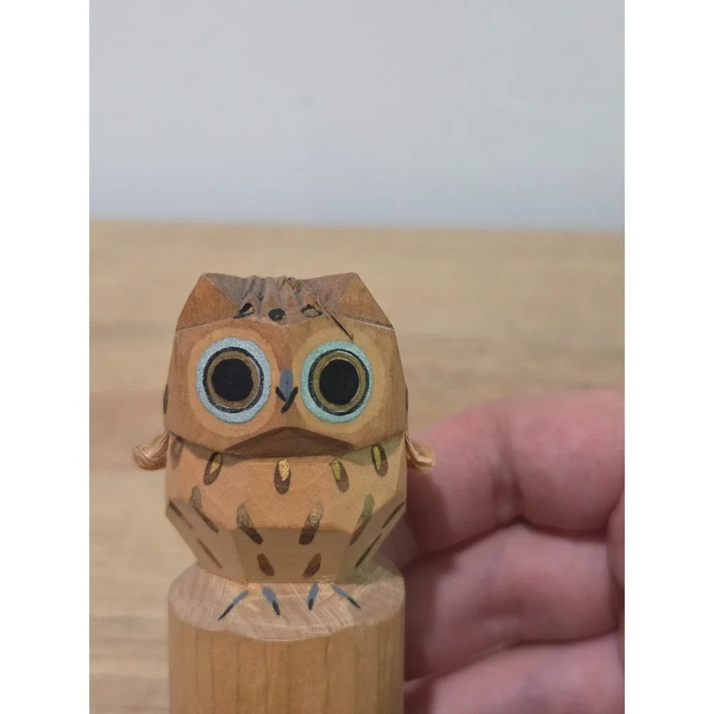 Vintage Japanese Sasano Bori Hand Carved Wooden Owl Figure Folk Art 3.5''